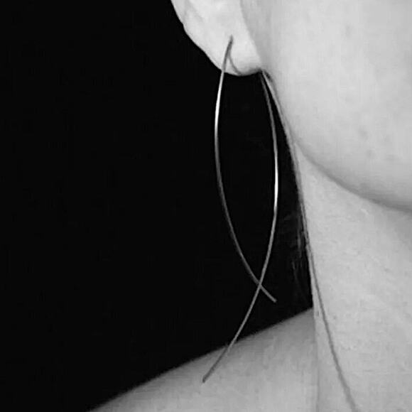 Silver Oval Hoop Threader Earrings, Fish, Punk, Minimalist - Picture 2 of 5